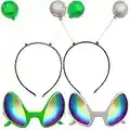 Poptrend 2 Pairs Alien Headband and Glasses, Alien Sunglasses, Glitter Green Silver Headband Boppers Antenna Headband Set, Alien Costume Party Favors Accessories for Adults and Kids (green+silver)