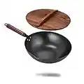 AEROBATICS Carbon Steel Wok Pan, Hand Hammered Wok with Wooden Handle, Stir Fry Pan with Lid, Traditional Cast Iron Wok for Electric Induction and Gas Stoves,Black