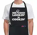 Xornis 100% Cotton Funny Aprons for Men Mr. Good Looking is Cooking Kitchen Grill BBQ Adjustable Bib Aprons with 2 Pockets Gifts for Dad Father's Day Birthday Anniversary