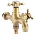 ROSEBEAR Outdoor Old Style Tap, G1/2" Garden Retro Copper Water Tap with Double Spout, Single Cold Washing Machine Mop Pool Sink Faucets Vintage Gold, 01