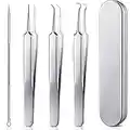 Blackhead Remove Tools 4 Pieces Ingrown Hair Removal Kit 3 Stainless Steel Blackhead Tweezers with Needle Pimple Comedome Extractor Punch Blemish Tool Zit Popper Set with Metal Case for Women Girls