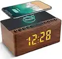 ANJANK Bedside Wooden FM Radio Alarm Clock,10W Super Fast Wireless Charger Station for Iphone/Samsung Galaxy,USB Charging Port, 5 Level Digital Dimmable Led Display,Mains Powered with Backup Battery