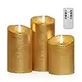COVEGE Flickering Flameless Candles with Timer, Remote Control Candles Set of 3, LED Battery Operated Candles for Christmas Home Decoration, Gold