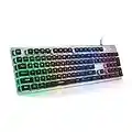 LANGTU Membrane Gaming Keyboard, Colorful LED Backlit Quiet Keyboard for Study, All-Metal Panel USB Wired 25 Keys Anti-ghosting Computer Keyboard 104 Keys - L1 Black/Silver