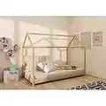 Panana Wooden Kids House Bed Frame, Solid Pine WoodTreehouse Style Childrens Floor Bed Frame for Toddlers and Children (Wood)