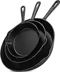 KICHLY 3 Pcs Cast Iron Skillet Set 10 Inch - 25 cm, 8 Inch - 20 cm and 6 Inch - 15 cm Pre-Seasoned Skillet Frying Pans for Indoor and Outdoor – Safe Grill Skillet Pan Set (Black)