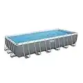 Bestway Power Steel 24' x 12' x 52" Rectangular Metal Frame Above Ground Swimming Pool Set with 1500 GPH Sand Filter Pump, Ladder, and Pool Cover