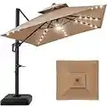 Best Choice Products 10x10ft 2-Tier Square Cantilever Patio Umbrella with Solar LED Lights, Offset Hanging Outdoor Sun Shade for Backyard w/Included Fillable Base, 360 Rotation - Tan