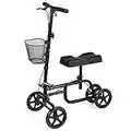 GYMAX Foldable Knee Walker, Height Adjustable Walking Aid Scooter with Basket & Dual Braking System, Steerable Rollator for Foot, Leg and Ankle Injuries (Black)