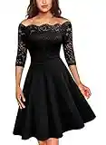 MISSMAY Damen Vintage Abendkleid 1950er 3/4 Arm Off Schulter Cocktailkleid Spitzen Schwingen Pinup Rockabilly Kleid Schwarz Gr.S