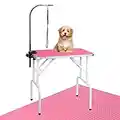 LEIBOU Pet Dog Grooming Table Foldable Grooming Table Heavy Duty Iron Frame with Arm & Noose for Dog Cat Pet Grooming (32'', Pink)