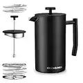 BELWARES French Press Coffee Maker - Double Wall 304 Stainless Steel - 4 Level Filtration System with 2 Extra Filters, Black, 34oz (1L)