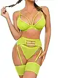 popiv Woman Fishnet Lingerie Sexy Set Lace Bra and Panty Sets with Garter Belt 4 Piece Neongreen