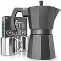 Coffee Gator Moka Pot - 6 Cup, Stovetop Espresso Maker - Classic Italian and Cuban Coffee Percolator w/ 2 Stainless-Steel Cups – Matte Grey Aluminum