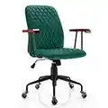 Giantex Velvet Home Office Desk Chair, Adjustable Swivel Task Chair, Vintage Mid-Back Leisure Chair w/Armrest & Padded Seat, Upholstered Computer Chair w/Copper Casters for Work, Study, Green