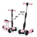 YOLEO 3-in-1 Kinder Roller Scooter mit Abnehmbarem Sitz, LED große Räder, Höheverstellbare Lenker für Kleinkinder Jungen Mädchen ab 2 Jahre(Rosa)