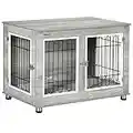 PawHut Dog Crate Furniture, Side End Table, Indoor Dog Kennel w/Soft Washable Cushion, Wire Mesh, Large Top, for Medium and Large Dogs - Oak Tone