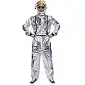 Adult's Silver Astronaut Space Jumpsuit Costume with Embroidered Patches and Pockets (men with hat)