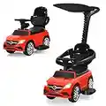 GYMAX Kids Ride on Push Car, 3 in 1 Toddler Licensed Mercedes Benz Sliding Car with Canopy, Music, Sound, Handle & Guardrails, Under Seat Storage, Convertible Baby Stroller for 1-8 Years Old (Red)