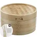 Prime Home Direct Bamboo Steamer Basket 10-inch | 2-Tier Steamer for Cooking | 50 Liners, Chopsticks & Sauce Dish | Dumpling Steamer, Food Steamer Baskets for Cooking - Rice & Vegetable Steamer Pot