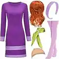 HMPRT Halloween Costume Women 2022,Purple Mini Dress,Purple Headband,Costumes Wig,Green Scarf,Socks Adult Halloween Outfit Accessories,L