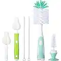 CAREBABYMORE Baby Bottle Brush with One Base Hidden Nylon Nipple Cleaner, 2 Pcs Sponge Nipple Brushes, 2 Pcs Straw Brushes, Bottle Brush with Nipple Cleaner and Suction Cup (Green)