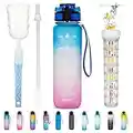 Drinking Water Bottle 32 oz Fruit Filter Infuser Water Bottles with Straw and Motivational Time Marker BPA Free Reusable Sports Outdoor Portable Water Bottle for Daily life (Blue+Pink)