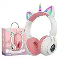 hisonic kinderkopfhörer ab 3 Jahre, Over-Ear Einhorn Kopfhörer Bluetooth, mit Bunte Lichter, Faltbare, Einstellbar, Kabellos und Kabel, Eingebautes Mikfon für Mädchen. (Weiß)