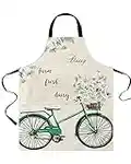 Green Bicycle with Daisy Aprons for Women/Men with Pockets, Farm Retro Newspaper Waterproof Bib Kitchen Apron for Cooking, Daisyhor7239, 26.4" x 35"