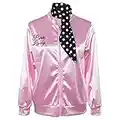 Nofonda Halloween Kostüm, Ladies Pink schicke Jacke 50er 60er 70er Jahre Damen Kostüm, Pink Jacke aus Satin mit Polka Dots Schal, Party Rock n Roll