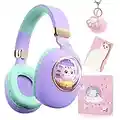 Auriculares Bluetooth para niñas, Auriculares de Gato 3D con luz LED, Auriculares con Cable/inalámbricos para niños, Auriculares sobre la Oreja con Caja de Regalo,Azul púrpura