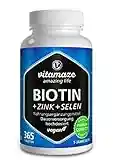 Biotin hochdosiert 10.000 mcg + Selen + Zink für Haarwuchs, Haut & Nägel, 365 vegane Tabletten für 1 Jahr, Nahrungsergänzung ohne Zusatzstoffe, Made in Germany