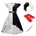 Girl Cruella Deville Costume Kids Dalmatian Dog Halloween Cosplay Black White Spotted High Low Dress Gloves Wig Holder 4pcs Set Carnival Party Movie Character Fancy Dress Up 9-10 Years