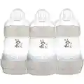 MAM Easy Start Self Sterilising Anti-Colic Baby Bottle 3 Pack (3 x160 ml) with Slow Flow MAM Teats Size 1, Newborn Essentials, White (Designs May Vary)