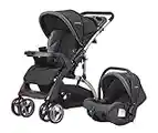 QTbabies Pushchair Travel System Shopper Baby Strollers & Buggies 2 in 1 Car Seat Pram | Padded Mattress Sun Hood Removable Tray Large Basket Suitable For Newborn to 36 Months Toddlers | K98KC (Black)