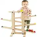 Trihorse – Holz Kugelbahn MAXI inkl. 1 Rollkasper, 1 Rollblume und 4 großen Kugeln – Murmelbahn für maximalen Spielspaß & Entwicklungsförderung – Rollbahn für Kinder von 1-6 Jahren (71 x 50 x 11 cm)