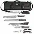 Chef Knife Set, 8 Pieces Damascus Steel Knives with Portable Knife Roll Storage Bag, Knife Blade Guards, Carving Fork, Knife Sharpener and Kitchen Shears for Outdoor Camping BBQ Travel