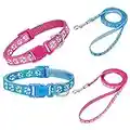 AKlamater 2 Pack Dog Collar and Lead Set, Puppy Collar and Lead Set Quick Release Buckle Adjustable Paw Print Puppy Collar Soft Nylon Pet Collar for Puppy Small Medium Dogs