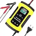 URAQT Caricabatteria Auto Moto, 6A 12V Portatile, Multi Protezioni Automatico Intelligente con Schermo LCD per ATV, Barca, Camper (Giallo)