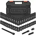 ARTIPOLY 3/8" Impact Socket Set, 6-Point Deep and Shallow Socket Set, 48 Piece Standard SAE and Metric from 5/16in to 3/4in and 8mm to 22mm,Cr-V Steel Mechanic Socket Kit