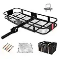 GIODIR Folding Hitch Mount Cargo Carrier - Luggage Basket Rack Fits 2" Receiver - Rear Cargo Rack for SUV, Truck, Car with Cargo Net, Ratchet Strap, Waterproof Cover - L60 X W20 X H6 550LB Capacity