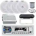 Pyle in-Dash Marine Boat AM/FM USB AUX Radio Headunit Receiver Bundle Combo with 4 x 4'' Full-Range 2-Way 100W Stereo Speakers, 4-Channel Waterproof Amplifier, Radio Shield, Speaker Wire, Antenna