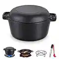 WOSTOO Cacerola de Hierro Fundido, 4.7L Olla Hierro Fundido para Pan - 2 in 1 Doble Función Hornos Holandeses con Tapa Pinza Rejilla Cepillo, Dutch Oven para Barbacoa Camping