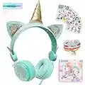 Girls Green Unicorn Wired Headphones,Cute Cat Ear Kids Game Headset for Boys Teens Tablet Laptop PC,Over Ear Children Headset withMic,for School Birthday Xmas Gifts