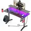 SEVEN WARRIOR Gaming Desk 55INCH with LED Strip & Power Outlets,Carbon Fiber Surface Computer Gamer Desk with Full Desk Mouse Pad, Ergonomic Y Shaped Gamer Table with Outlet Organizer