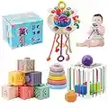 4 in 1 Baby Toys 6to12-18 Months, Pull String Baby Teething Toys, Stacking Building Blocks Infant Toys 3-6-9-12 M+, Color Shape Bin Sensory Toys, Montessori Toys for 1-3 Year Old Boy and Girl Gift