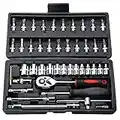 Socket Set 46 Piece Socket Set Metric Tool Kit 1/4'' Wrench Handle, Tool Kits for Home Car Repair Kit with Extension Bars, Quick Release Reversible Ratchet Socket Wrench Set for Car Motorcycle