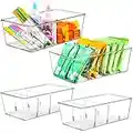 MeCids Food Storage Organizer Bins, 4 Pack Clear Plastic Storage Bins for Pantry Kitchen Fridge Cabinet Organization with 3 Removable Dividers