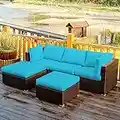 Tangkula 5 Piece Patio Furniture Set, Outdoor Sectional Rattan Sofa Set with Cushions and Coffee Table, Suitable for Backyard Porch Garden Poolside and Deck, Wicker Conversation Set (Turquoise)