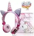 Kids Headphones, Unicorn Sparkly Rhinestone Childrens Headphones for Girls, Wired Headphones Over ear with Unicorn Bracelet Gift, Adjustable Stereo Headphones w/Mic and Volume Control (Princess pink)